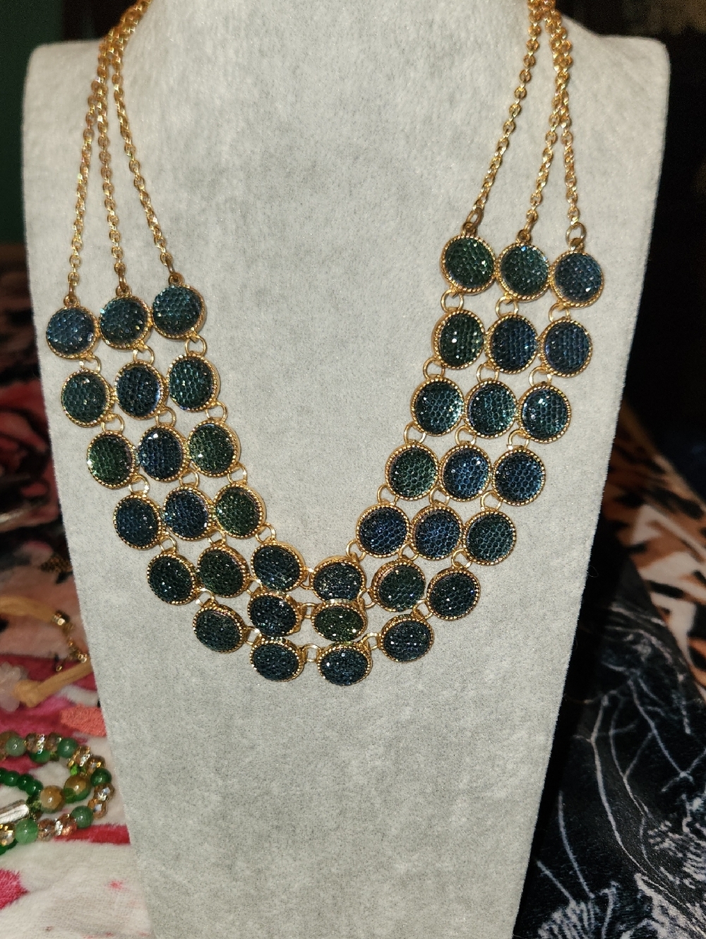 Gold-Tone Multi-Disk Statement Necklace in Teal and Dark Green